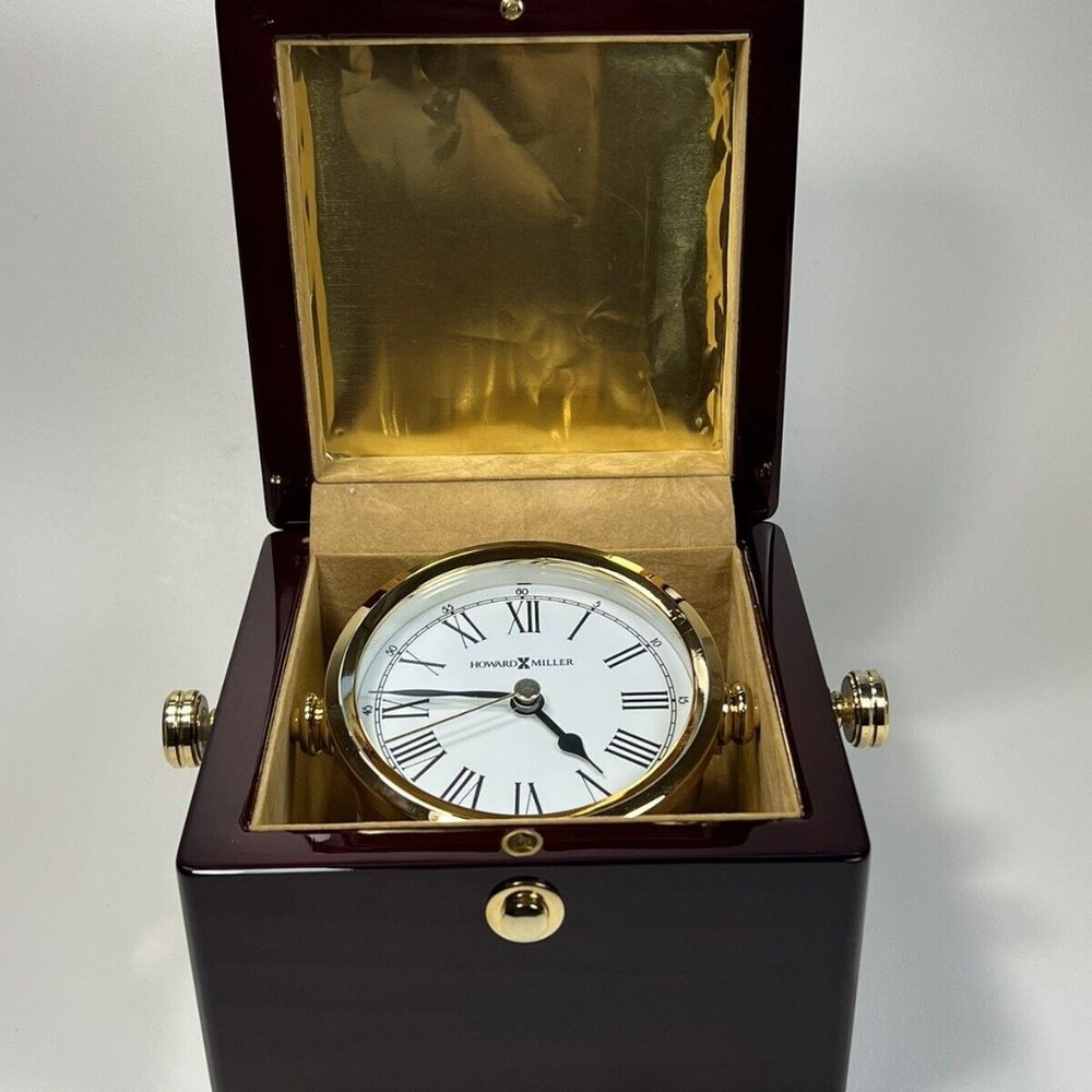 Howard Miller Bailey Brass Desk Clock 645-443 WORKING Gimbaled Wood Box N.MINT
